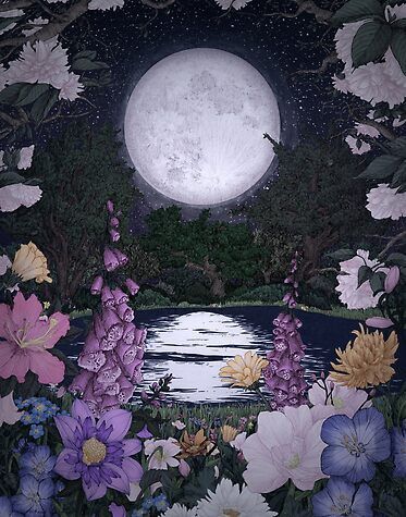 Discover the mesmerizing beauty of 'A Garden Lit by the Moon Art' by Toronto artist ECMazur. This magical piece captures the essence of nature's enchantment and the power of the moon to illuminate our lives. Don't miss this chance to bring a touch of the mystical into your home or office décor. Shop now on a variety of products! Purple Board, Mystical Garden, Moonlight Garden, Witch Painting, Magical Moon, Beautiful Thoughts, Garden Drawing, Floral Moon, Mesmerizing Beauty