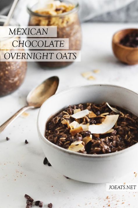 Want to start off your morning with a little kick? Then try these super easy Mexican chocolate overnight oats. Chocolately with just a hint of spice, they're a fun twist on a healthy breakfast. #joeats #overnightoats #mexicanchocolate #chocolateoatmeal #breakfast #glutenfree #vegan Overnight Crockpot Breakfast, Yummy Oatmeal, Easy And Healthy Breakfast, Chocolate Overnight Oats, Healthy Oatmeal Recipes, Breakfast Inspiration, Breakfast Prep, Mexican Chocolate, Crockpot Breakfast