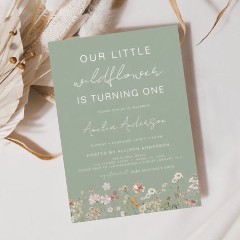 Wildflower Boho Chic First Birthday Sage Green Invitation - tap, personalize, buy right now! #Invitation #elegant #script #calligraphy, #floral, #boho Birthday Sage Green, Sage Green Invitation, Wildflower First Birthday, Green Invitation, Green Invitations, Wildflower Baby Shower, Wildflower Design, Girly Design, 1st Birthday Invitations