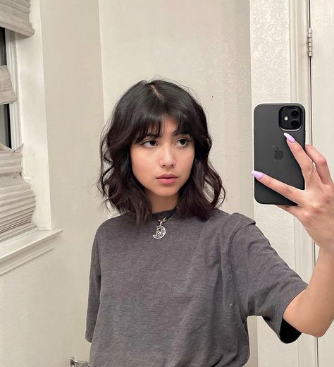 Bob With Bottleneck Bangs, Black Long Bob, Bottleneck Bangs, Above Shoulder Length Hair, Bobs With Bangs, Shoulder Length Wavy Hair, Shoulder Length Hair With Bangs, Black Wavy Hair, Long Bobs