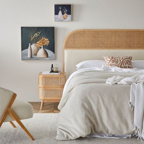 . Modern, luxurious and timeless, this bedhead is the perfect addition to any.
#apartmentdecor #homedecor #smallspaces #interiordesign #decorinspiration Rattan Bedhead Styling, Rattan Bedroom Design, Rattan Bed Head, Boho Rattan Bedroom, Boucle Bedhead, Bedhead Ideas, Rattan Beds, Rattan Bedhead, Rattan Bedroom Furniture