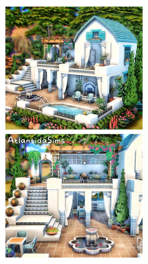 Sims 4 Mediterranean, Sims 4 Greek Villa, Sims 4 Mediterranean House Interior, The Sims 4 Island Living, Sims Greek House, Sims 4 Morroco House, Deligracy Sims 4 Builds, Sims 4 Courtyard, Sims 4 Courtyard Oasis