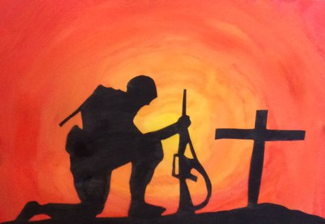 Remembrance Day art. Soldier. Silhouette. Ww1 Drawings Easy, Remembrance Day Painting, Remembrance Day Silhouettes, Veterans Paintings, Veterans Day Drawings, Remembrance Day Drawings, Soldier Painting, Veterans Day Art, Sunset Art Painting