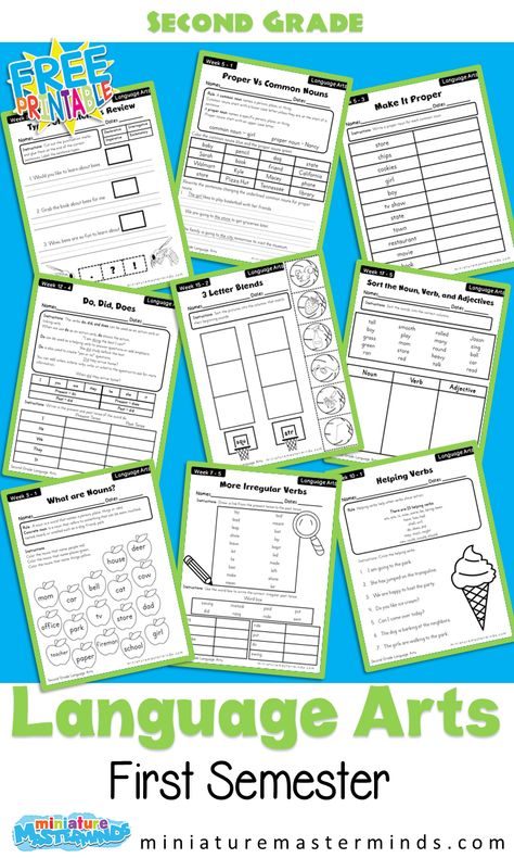 Second Grade Language Arts First Semester 18 Weeks Workbook Free Printable – Miniature Masterminds 2nd Grade Lesson Plans Homeschool, 2nd Grade Free Printables, Homeschool Themes Weekly 2nd Grade, Second Grade Free Printable Worksheets, Second Grade Curriculum Lesson Plans, Language Arts For 2nd Grade, Language Arts First Grade, 2nd Grade Printables Free Worksheets, 2nd Grade School Work