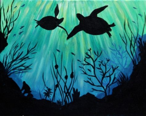 Turtle Silhouette Painting, Undersea Painting Acrylic, Under The Sea Painting Easy, Underwater Painting Easy, Turtles Underwater, Art Paintings Famous, Undersea Painting, Paint Sea, Turtle Silhouette