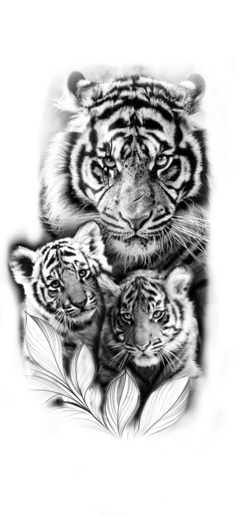 Tiger Family Tattoo For Women, 3 Tigers Tattoo, Tiger Family Tattoos For Men, Tiger And Cubs Tattoo For Women, Black And Grey Animal Tattoos, Tiger With Cubs Tattoo, Tiger Cubs Tattoo, Realistic Tiger Tattoo Design, Tiger And Cubs Tattoo