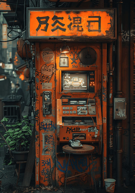 A photorealistic 3D render of an old payphone with graffiti on it. There is also some kind of small retro gaming console attached to the phone cabinet and inside the cabinet you can see gamepads and joysticks. There's a cup of coffee next to or under the phone booth, with a cyberpunk vibe and dark mood in the style of cinematic. Retro Phone, Phone Booth, Gaming Console, 3d Render, Retro Gaming, Download File, Level Up, Cyberpunk, Graffiti