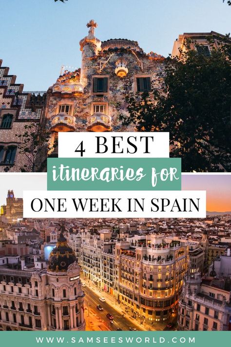 Looking to spend one perfect week in Spain and want to ensure you have the best itinerary for your travel wants and needs? Then check out these 4 Spain itineraries all with their own unique charm. 1 Week In Spain, Spain 7 Day Itinerary, Trip To Spain Travel Guide, Best Spain Itinerary, France And Spain Itinerary, 7 Days In Spain Itinerary, Spain And Italy Itinerary, South Of Spain Travel, South Of Spain Itinerary