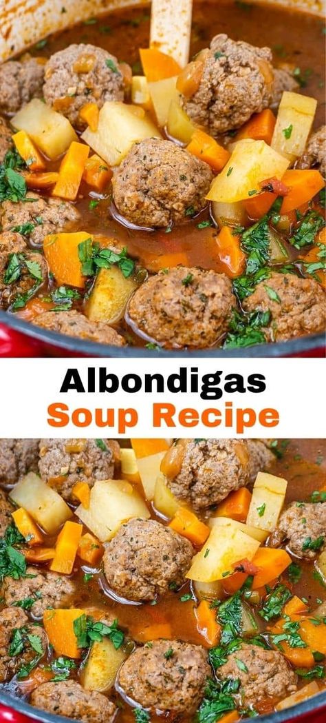 Albondigas Soup is a hearty Mexican dish featuring savory meatballs and a flavorful broth, garnished with fresh vegetables and herbs. If you crave a taste of traditional Mexican cuisine, be sure to check out this Albondigas Soup recipe and follow us for more delicious recipes to satisfy your cravings. Abondagus Soup, Spanish Soups, Albondigas Soup Recipe Mexican, Meatballs Soup, Cooked Onions, Albondigas Soup Recipe, Albondigas Soup, Mexican Soup Recipes, Mexican Comfort Food