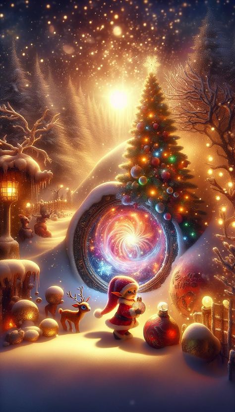 A snowy scene with a Christmas tree, festive decorations, and a magical portal, features a small figure holding an ornament and a deer. Christmas Magic Aesthetic, Imvu Backgrounds, Magical Portal, July Wallpaper, Fantasy Christmas, 4th Of July Wallpaper, Snowy Scene, Christmas Elves, Santa Helper