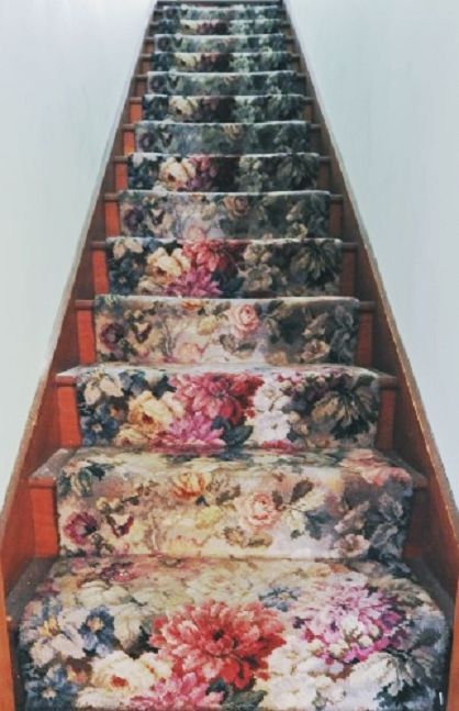 Flower staircase. Floral Staircase Decor, Floral Wallpaper Staircase, Artsy Staircase, Floral Carpet Stairs, Staircase Floral Installation, Carpet Staircase, Decorating Rules, Treads And Risers, Wall Carpet