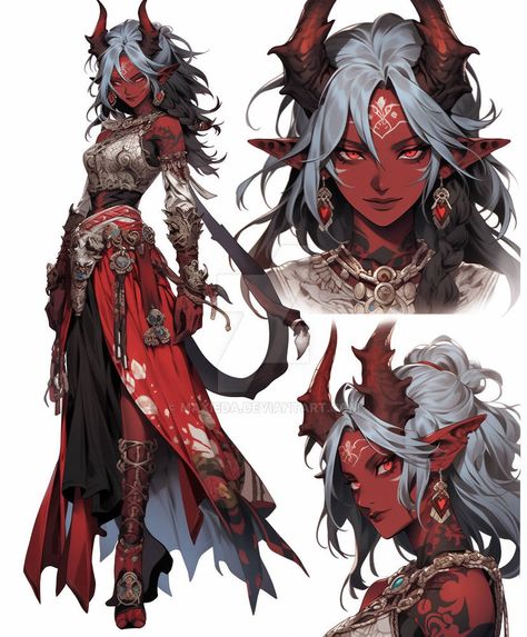 Dnd Curse Of Strahd Character Ideas, Rose Themed Character Design, Dnd Demon Character, Nightsong Bg3, Female Oni Character Art, Dnd Characters Tiefling, Dragon Woman Art, Red Tiefling Female, Oni Female