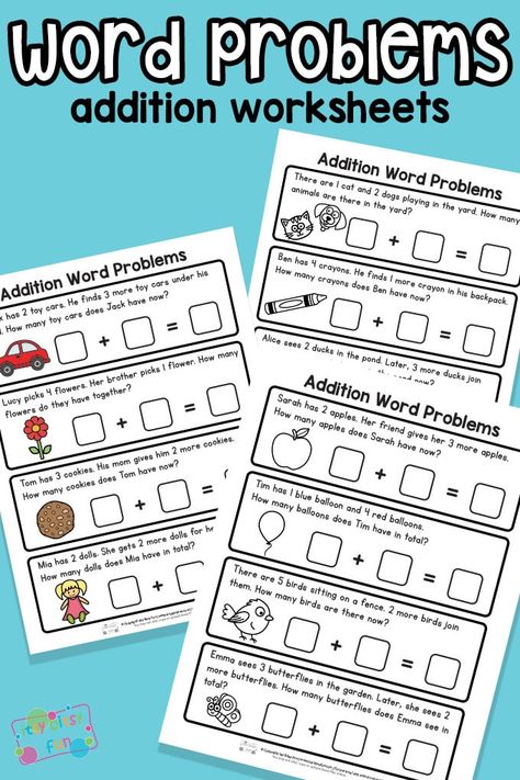 Free Printable Addition Word Problems for Kindergarten Kindergarten Word Problems, Word Problems For Kindergarten, Simple Word Problems, Real World Problems, Free Printable Kindergarten, Free Worksheets For Kids, Addition Words, Kindergarten Addition Worksheets, Addition Kindergarten