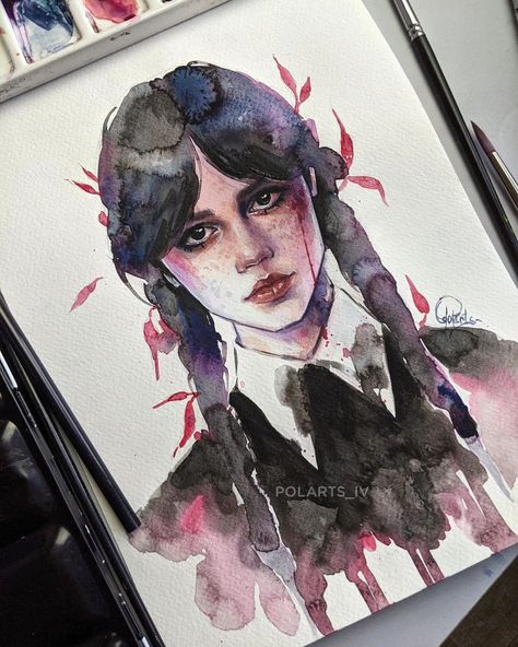 Wednesday Addams Watercolor, Wednesday Watercolor, Potrait Painting, Water Coloring, Meaningful Drawings, Drawings Simple, Water Painting, Poses Reference, Wednesday Addams