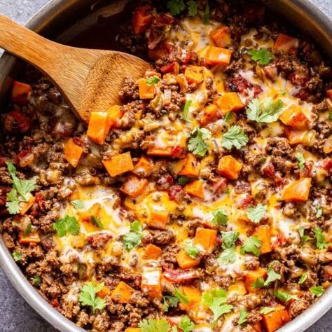 Southwest Ground Beef and Sweet Potato Skillet - Recipe Runner Ground Beef Sweet Potato Skillet, Southwest Ground Beef, Beef And Sweet Potato Skillet, Ground Beef And Eggs, Ground Beef Sweet Potato, Beef And Eggs, Potato Skillet Dinner, Beef And Sweet Potato, Sweet Potato Skillet Recipes