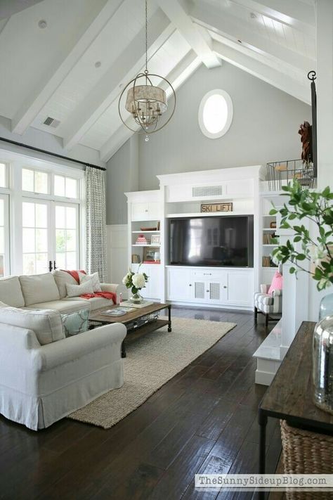 White ceiling with grey walls. Living Room Wood Floor, Light Wood Floors, Dark Wood Floors, Room Paint Colors, Living Room Remodel, Paint Colors For Living Room, Family Room Design, Room Remodeling, Paint Colors For Home