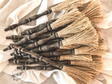 These small wooden spindle witches brooms will be the cutest vintage-style touch to your Halloween tiered tray decor! Each spindle is first washed with black paint and then stained in Early American. They are then wrapped with jute twine strands to form the mini broom and secured with glue. They do not stand on their own, but look adorable propped up against other decor-- the perfect space filler accent!  DIMENSIONS// Approximately 8.5-9 inches long Indoor use ONLY this listing is for your choic Spindle Witches, Gnome Furniture, Shabby Chic Halloween Decor, Mini Broomstick, Faux Pies, Primitive Spring Decor, Vintage Market Booth, Witches Brooms, Spindle Crafts