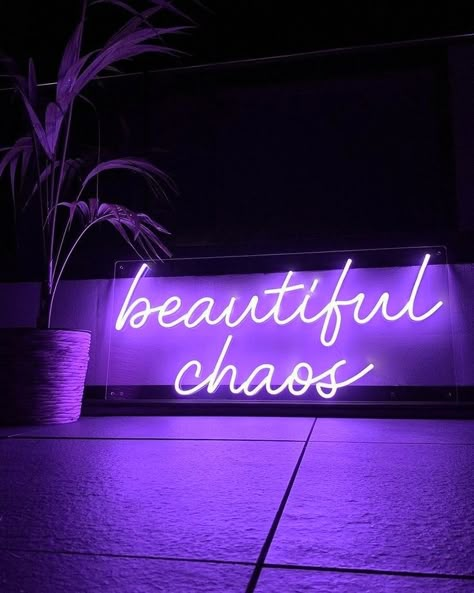 Purple aesthetic neon sign "beautiful chaos" on a wall Neon Signs Purple, Purple Aesthetic Neon Signs, 2024 Purple Aesthetic, Purple Chaos Aesthetic, Happy Purple Aesthetic, Purple Vision Board Ideas, Beautiful Chaos Aesthetic, Kiran Core, Purple Vision Board Aesthetic