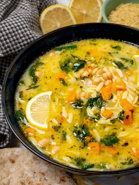 Vegan Avgolemono Soup (Greek Lemon Orzo Soup) - Vegan Cocotte Lemon Veggie Soup, Lemon Chickpea Orzo Soup, Orzo Soup Vegetarian, Vegan Avgolemono, Greek Lemon Orzo Soup, Greek Lemon Orzo, Vegan Cocotte, Gfdf Recipes, Greek Lemon Soup