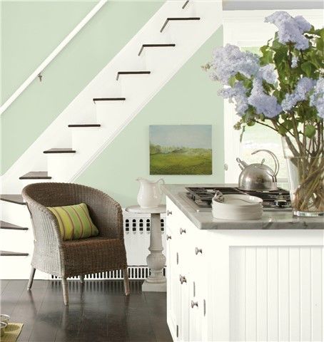 Look at the paint color combination I created with Benjamin Moore. Via @benjamin_moore. Walls: Pine Barrens 437; Stairs: Simply White 2143-70; Cabinets: Simply White 2143-70; Trim: Simply White 2143-70. Neutral Paint Colors Benjamin Moore, Stairs White, Exterior Paint Combinations, Kitchen Colour Combination, House Paint Color Combination, Color Combinations Paint, Exterior House Paint Color Combinations, Exterior Paint Colors For House, Yellow Bathrooms