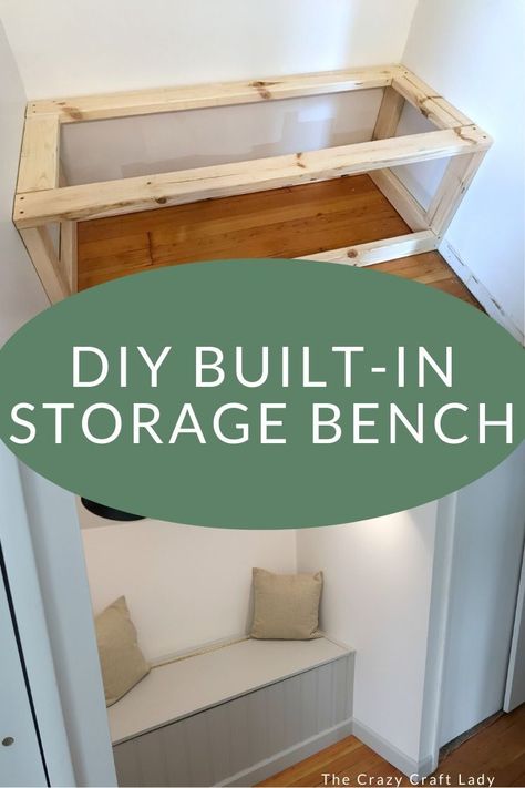 Follow this easy, budget-friendly tutorial to make a built-in storage bench – How to build a dormer window storage bench with a piano hinge using just 2x4s and plywood. Storage Bench In Closet, How To Build A Built In Bench With Storage, Built In Closet Bench With Storage, Diy Bench Hallway, Build A Built In Bench, Easy Built In Bench, Build Bench With Storage, Building A Bench With Storage, Building A Storage Bench