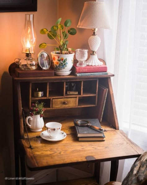 Antique Secretary Desk, Vintage Secretary Desk, Antique Secretary Desks, Antique Secretary, Vintage Writing Desk, Antique Writing Desk, Desk Styling, Cozy Basement, Meditation Corner