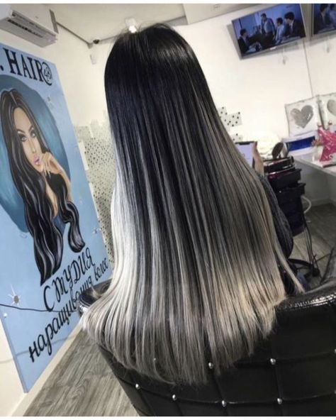 Black And Silver Hair Straight, Grey Low Lights, Black To Silver Ombre Hair, Black Hair Blonde Ends, Black And Blonde Ombre Hair, Hair With White Underneath, Black Hair With White Underneath, Black Hair With Platinum Highlights, Black And Platinum Hair