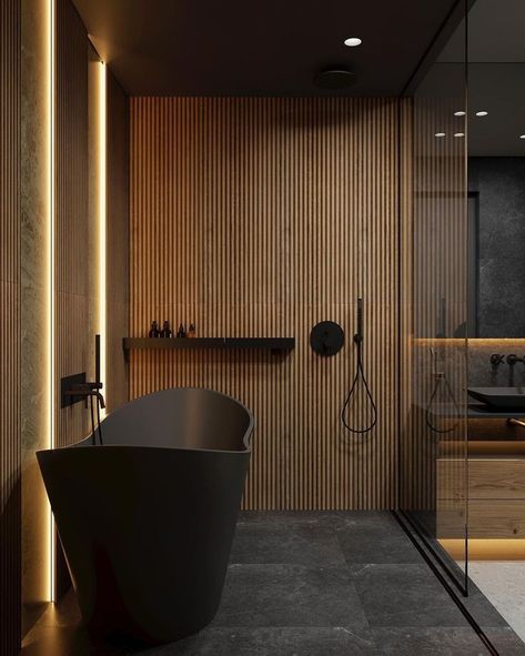 Shower And Bathtub Combo, Dark Scandinavian Bathroom, Dark Washroom, Wood Tub Surround, Stone Shower Ideas, Soaking Tub Shower Combo, Bathroom 2024, Black Bathtub, Bathtub Shower Combo