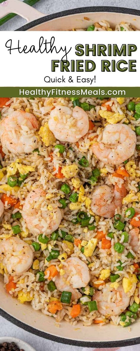 This quick, easy, and Healthy Shrimp Fried Rice recipe couldn’t be any better! Skip the butter and extra oils, and go for this lighter version. It still tastes absolutely incredible with far fewer calories! I added in frozen vegetables this time to make it even simpler, however, this is also an excellent way to use up vegetables you have in the fridge. Feel free to load this dish up with healthy veggies! Healthy Shrimp And Veggie Recipes, Low Calorie Shrimp Fried Rice, Shrimp Meal Prep High Protein, Shrimp And Veggies Recipes Healthy, Shrimp Fried Rice Meal Prep, Rice And Shrimp Recipes Healthy, Healthy Dinner Recipes With Fish, Low Calorie Recipes With Shrimp, Frozen Shrimp Dinner Recipes