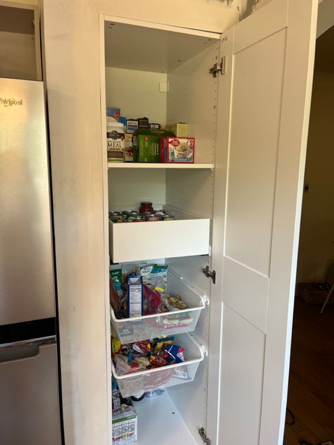 We turned our old, framed out pantry with no good shelf space or storage into a fully customizable kitchen pantry using IKEAs PAX wardrobe system and a little bit of drywall! Pax Wardrobe Pantry, Pax As Pantry, Ikea Pax Kitchen, Pax Kitchen, Ikea Pax Pantry, Pax Pantry, Pantry Hacks, Narrow Pantry, Ikea Pantry