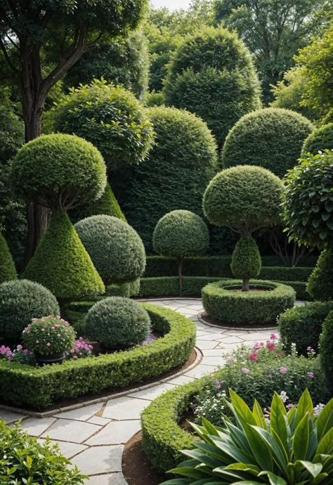 Buxus Garden Ideas, Outdoor Topiary, Boxwood Garden, Topiary Garden, Classic Garden, Outdoor Gardens Design, Twinkling Lights, Topiaries, Garden Landscape Design