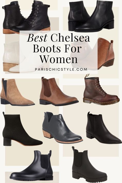 Wear the best chelsea boots for women this fall, winter & spring.  Parisian style ankle boots, French style ankle boots to go with your effortless chic outfits to keep you warm & fashionable. Most comfortable ankle boots, stylish ankle boots to go with jeans, trousers, pants, leggings, skirts & dresses. Paris Chic Style. Parisian Style. #bestchelseabootsforwomen #chelseaboots #ankleboots #anklebootsforwomen #stylishankleboots #frenchstyle #whowhatwear #sezane #majeparis #sandroparis Women Parisian Style, Chelsea Boots Skirt, Flat Ankle Boots Outfit, Boots French Style, Spring Parisian Style, Heeled Ankle Boots Outfit, Paris Chic Style, Ankle Boots With Leggings, Best Chelsea Boots