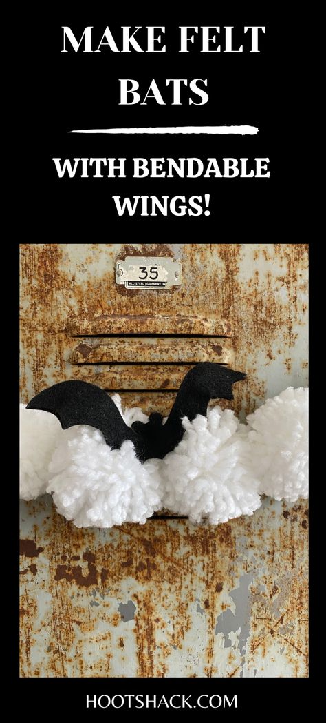 felt bat with bendable wings on a white pom pom garland Halloweeen decoration Felt Bats Halloween, Felt Bats Diy, Felt Bats, Bat Printable, Witches Tea, Paper Bat, Halloween Bat Decorations, Homemade Halloween Decorations, Make Halloween