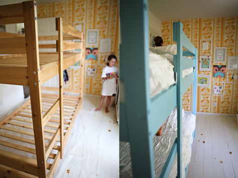 Mydal pine bed - painted Ikea Mydal Bunk Bed, Mydal Bunk Bed, Painted Bunk Beds, Ikea Mydal, Sibling Bedroom, Season Painting, Pine Bunk Beds, Ikea Bunk Bed, Diy Bunk Bed