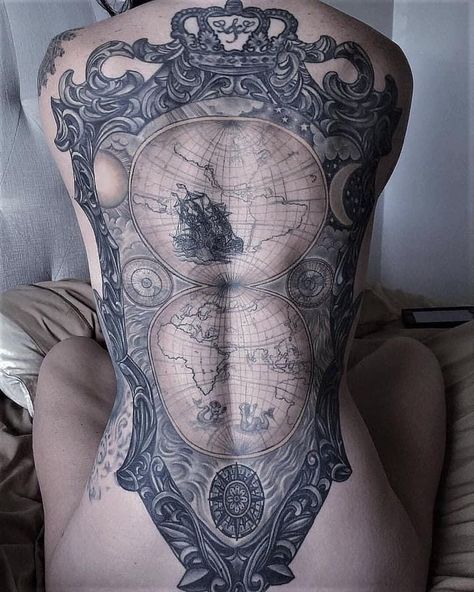 Chasing Money, World Map Tattoos, Backpiece Tattoo, Steampunk Tendencies, 13 Tattoos, Map Tattoos, Tattoed Women, Ink Master, Great Tattoos