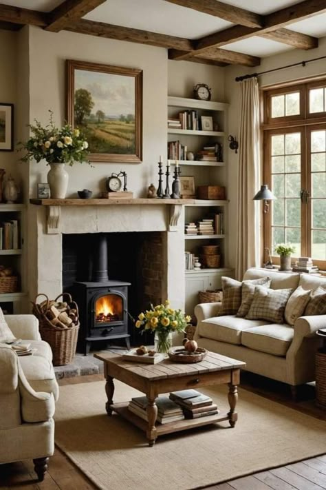 Cottage Vibe Living Room, Cottage Style Living Room Ideas, Modern Cottage Interior Living Room, Modern English Cottage Interiors, Cottage Interiors Living Rooms, Country Style Living Room Ideas, English Cottage Core, Cottage Sitting Room, English Home Decor