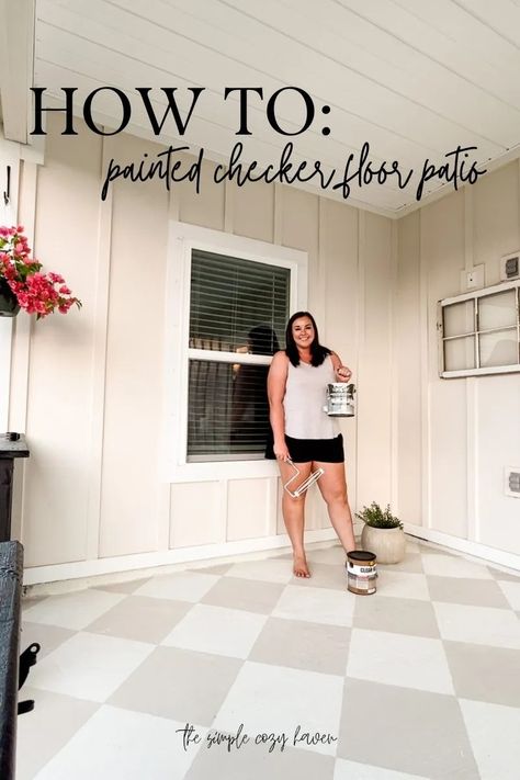 How to: Painted Checker Floor Patio - The Simple Cozy Haven Sunroom Flooring Ideas, Diy Picture Frame Molding, Diy Range Hood Cover, Diy Banquette Seating, Diy Range Hood, Checker Floor, Diy Banquette, Sunroom Living Room, Painted Porch Floors