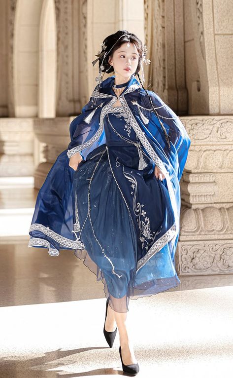 Dreaming of the Milky Way Qi Lolita Jumper Dress and Cape Set Dark Blue Cloak, Blue Fantasy Dress, Extravagant Dresses, Dark Blue Embroidery, Life Reference, Tassel Decoration, Cape Set, Fantasy Outfits, Warrior Outfit