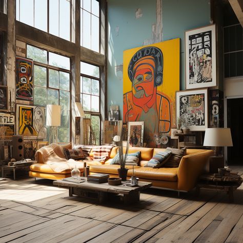 A visually stunning Eclectic Artist's Loft featuring a blend of boho and modern design elements, tailored to inspire and captivate the artist in you. Industrial Artist Loft, Boho Loft Apartment, Nyc Loft Apartment, Manifest 2024, Ny Loft, Eclectic Loft, Warehouse Living, Chic Loft, Art Loft