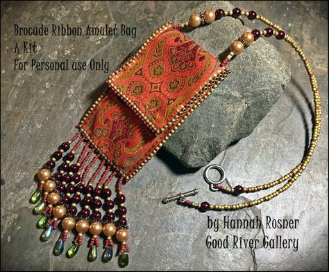 Newly Updated beading kit! The Brocade Ribbon Amulet Bag or Memory Stick Bag - Lampwork Etc. Easy Beading, Diy Brooch, Amulet Bag, Ribbon Bag, Music Bag, Beaded Strap, Orange Wine, Amulet Necklace, Boho Purses