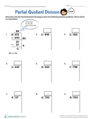 Partial quotient division is a great way for students to start breaking down how division works. This worksheet introduces the partial quotients strategy as an efficient and useful math tool for practicing division with one-digit divisors and building knowledge of division facts. Including a problem set that asks students to show their work, this worksheet fits well into a fourth-grade curriculum. #educationdotcom Partial Quotient Division, Partial Quotient, Divisibility Rules Worksheet, Division Worksheets Grade 4, Partial Quotients, Area Model Multiplication, Division Practice, Dividing Fractions, 4th Grade Math Worksheets