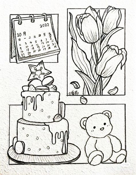 Birthday Sketch Art Drawings, Little Corner Coloring Pages, Birthday Cake Sketch, Cozy Doodles, Aesthetic Colouring Pages, Aesthetic Colouring Pages Printable, Birthday Cake Drawing, Manga Coloring Book, Whimsical Art Journal