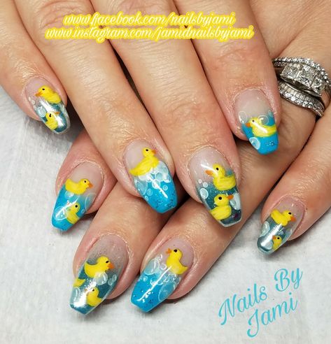 Rubber Ducky Baby Shower Nails. Follow me on Facebook at www.facebook.com/nailsbyjami and on Instagram at www.instagram.com/jamidnailsbyjami Rubber Ducky Nails, Rubber Duck Nail Art, Duck Nails Design Ideas, Nails With Ducks, Rubber Duck Nails, Ducky Nails, Mani Inspiration, Shower Nails, Beige Nails Design