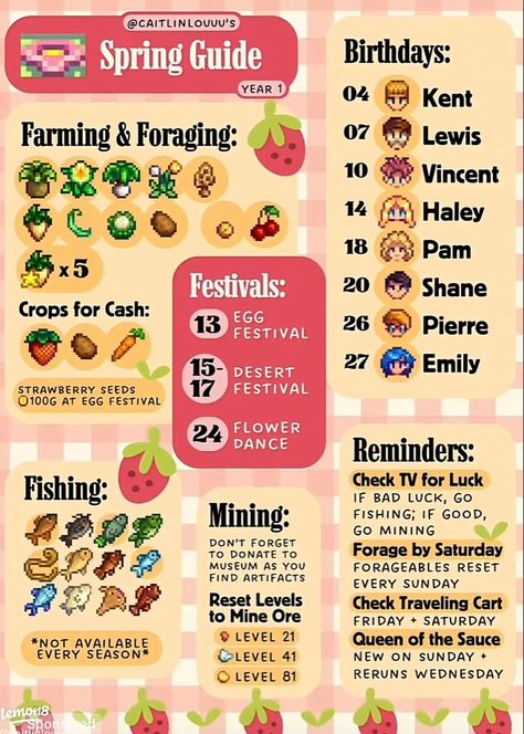 Stardew Valley Crab Pot, Stardew Valley Farming Guide, Stardew Valley Beginner Guide, Stardew Spring Crops, Stardew Valley Museum Checklist, Stardew Valley Spring Guide, Cute Stardew Valley Farm, Stardew Valley Summer, Stardew Valley Farm Layout Beginner