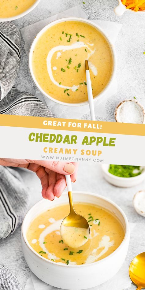 This cheddar apple soup uses granny smith apples and golden potatoes, along with aromatic vegetables and savory cheddar cheese, to make the most comforting fall soup. Apple White Cheddar Soup, White Cheddar And Apple Soup, White Cheddar Apple Soup, Appetizer Soup Light, Cheddar Apple Soup, Apple Cheddar Soup, Creamy Fall Soup, Apple Soup Recipes, Golden Potatoes