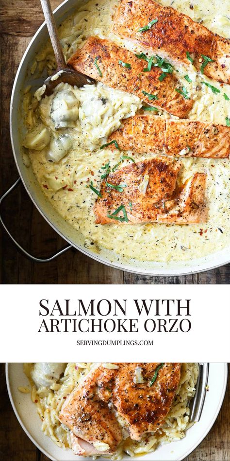 Dinner Recipes Seafood, Artichoke Orzo, Serving Dumplings, Savory Salmon, Fish Dinner Recipes, 30 Minute Dinners, Salmon Dishes, Fish Dinner, Seafood Dinner