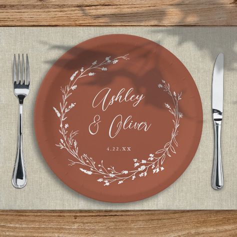 Rustic Boho Terracotta Wildflower Floral Wedding Paper Plates Wooden Chargers, Wedding Paper Plates, Paper Plates Wedding, Wildflower Wreath, Elegant Typography, Wedding Plates, Rustic Boho, Wedding Table Settings, Free Birthday Invitations