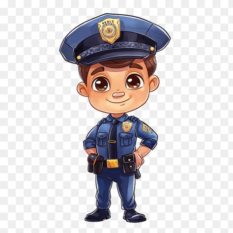 The image shows a cute police officer. He is wearing a blue uniform, a hat, and a badge. He has brown hair and big brown eyes. He is smiling and looks friendly. Police Man Cartoon, Police Officer Drawing, Policeman Cartoon, Cute Police Officer, Police Art, Classroom Window, Friendship Quotes Images, Blue Uniform, Jobs In Art