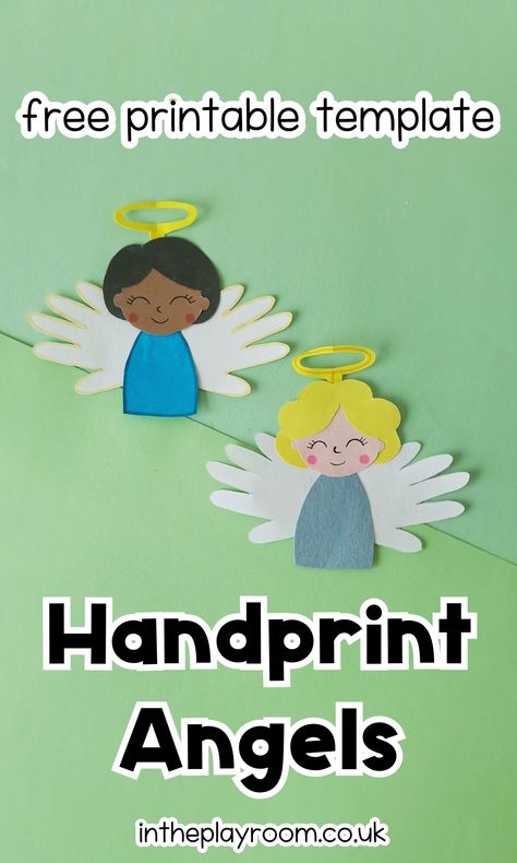 Handprint Angel Craft With Free Printable Template - In The Playroom Angel Handprint Craft Christmas, Handprint Angels For Kids, Guardian Angel Crafts For Kids, Kids Angel Craft, Angel Gabriel Craft For Kids, Angel Crafts For Toddlers, Easy Angel Craft, Angel Appears To Mary Craft, Preschool Angel Crafts