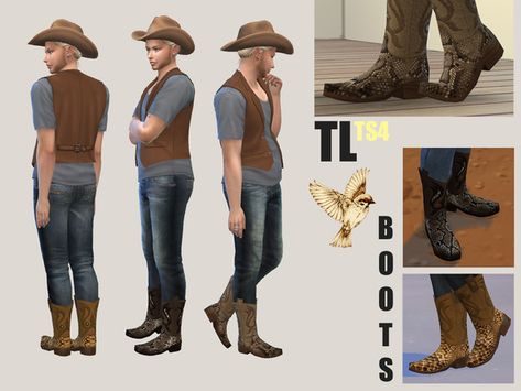 TS4 TitusLinde's Cowboy Boots MOCKINGBIRD Sims 4 Cowboy Hat, Cow Boy Boots, Cowboy Men, Lotes The Sims 4, Boy Boots, Boots Are Made For Walking, Survival Clothing, Sims 4 Cc Shoes, The Sims 4 Download